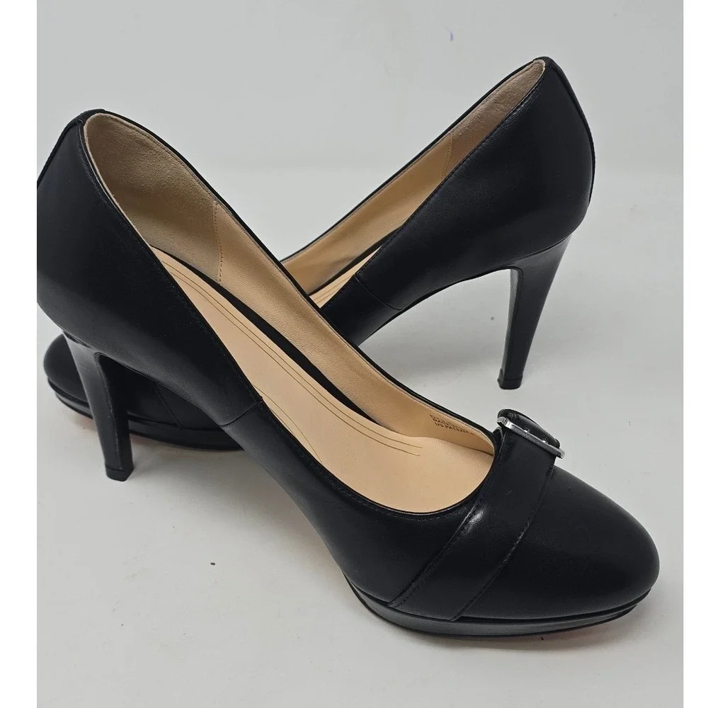 Cole Haan women 9.5B black Chelsea buckle pump Almond toe stiletto platform chic